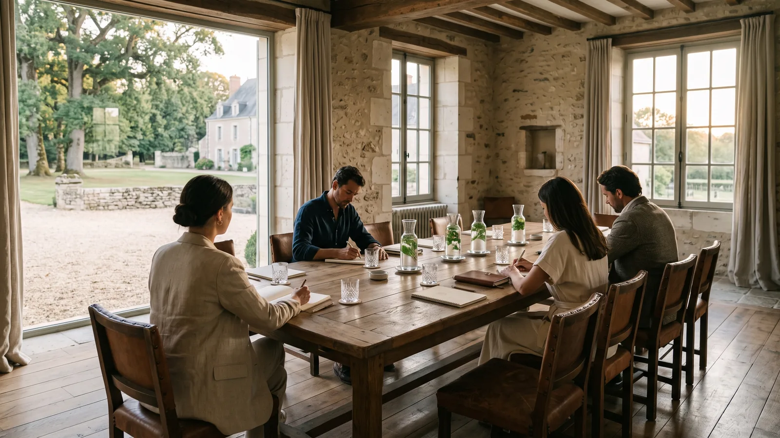 Séminaire résidentiel en domaine normand, salle de réunion ouverte sur le parc — Éclat M.