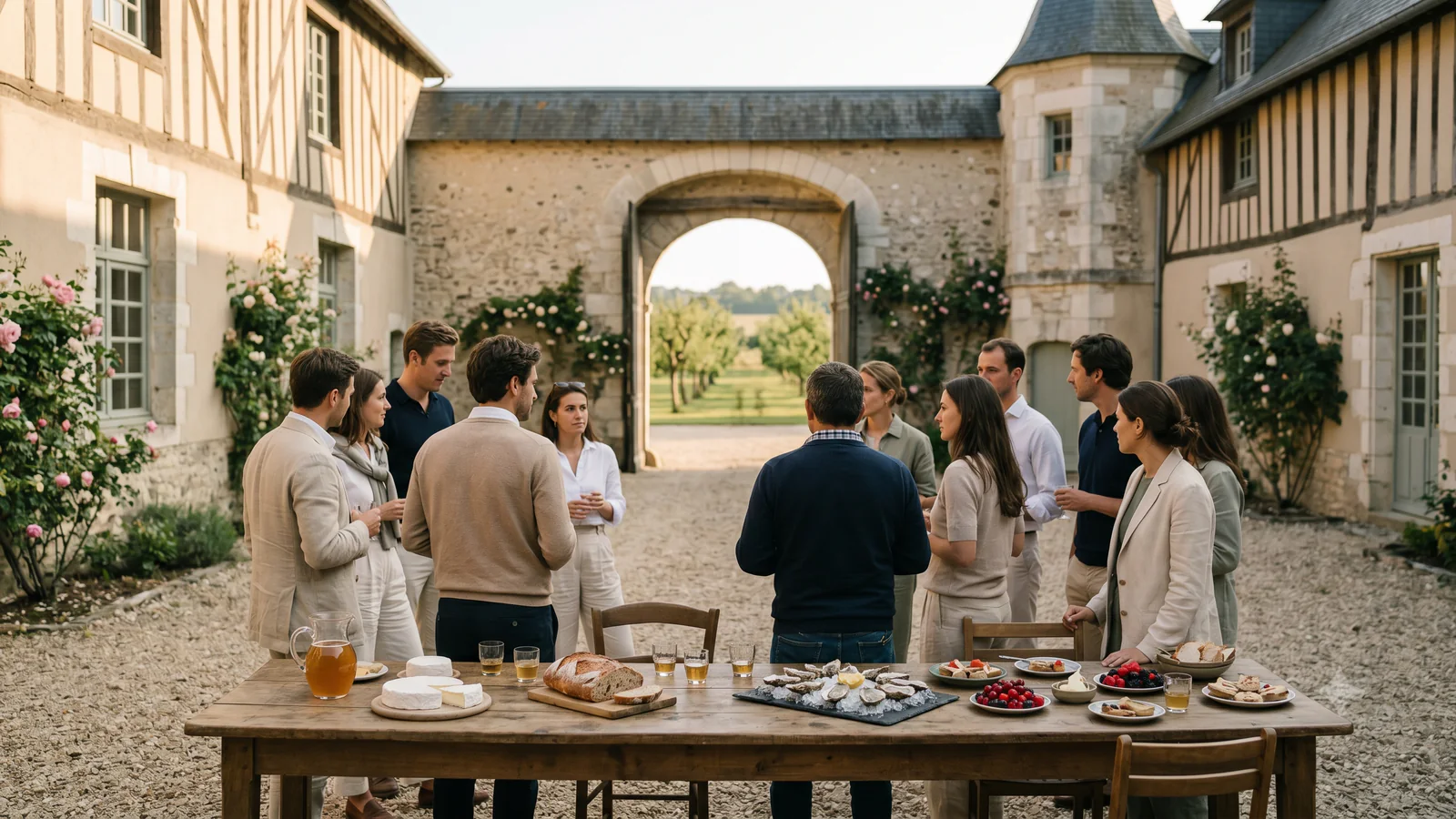 Équipe en team building outdoor dans un cadre normand — organisation team building entreprise