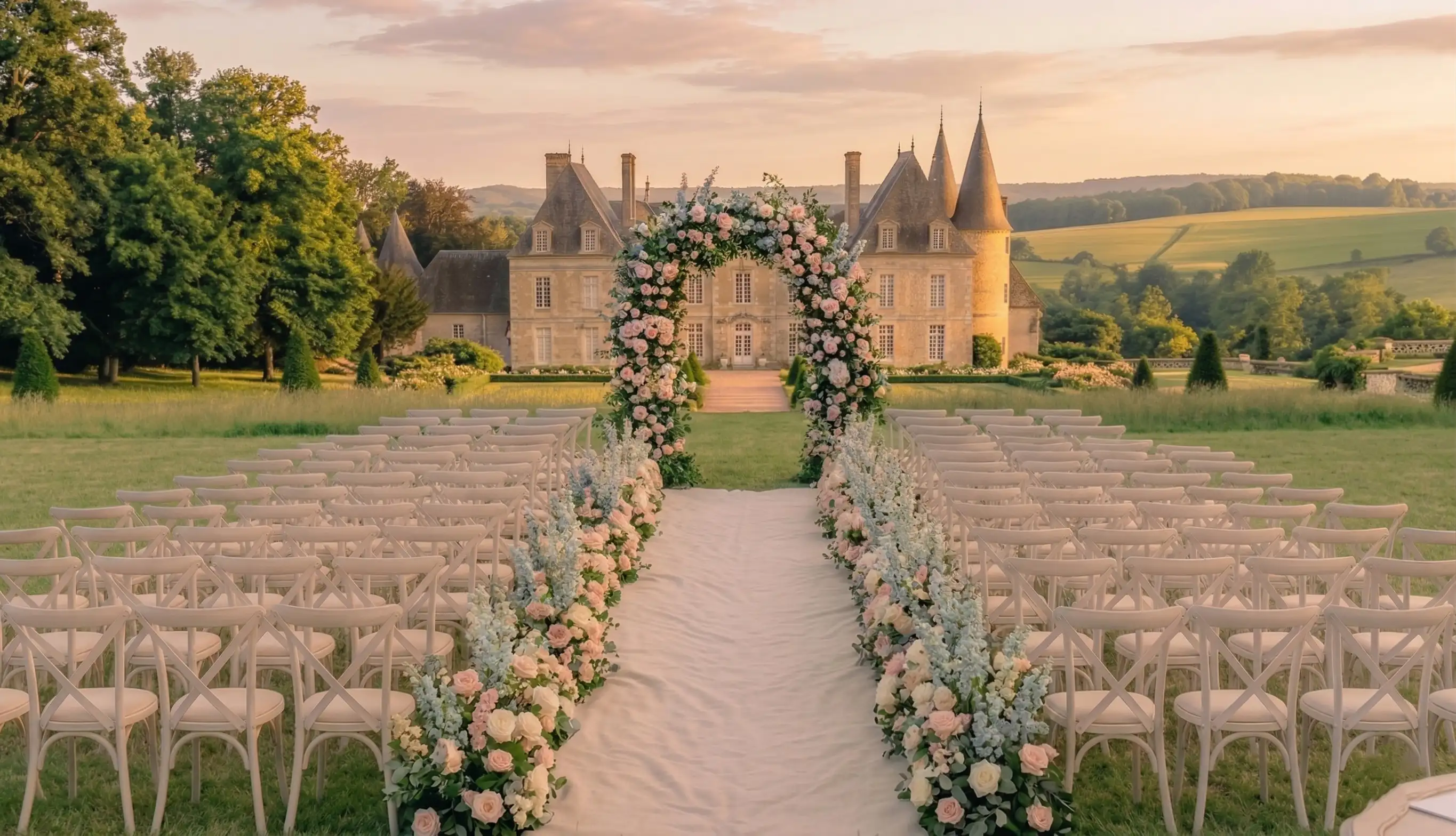 Cérémonie en plein air devant un château normand