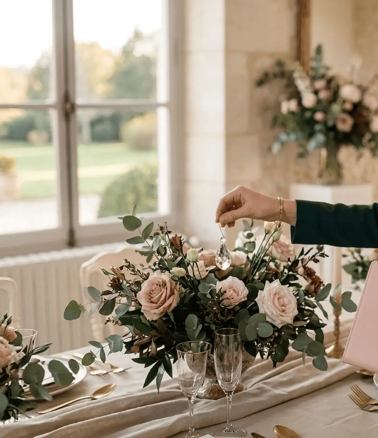 Main ajustant un cristal sur un centre de table fleuri dans un château