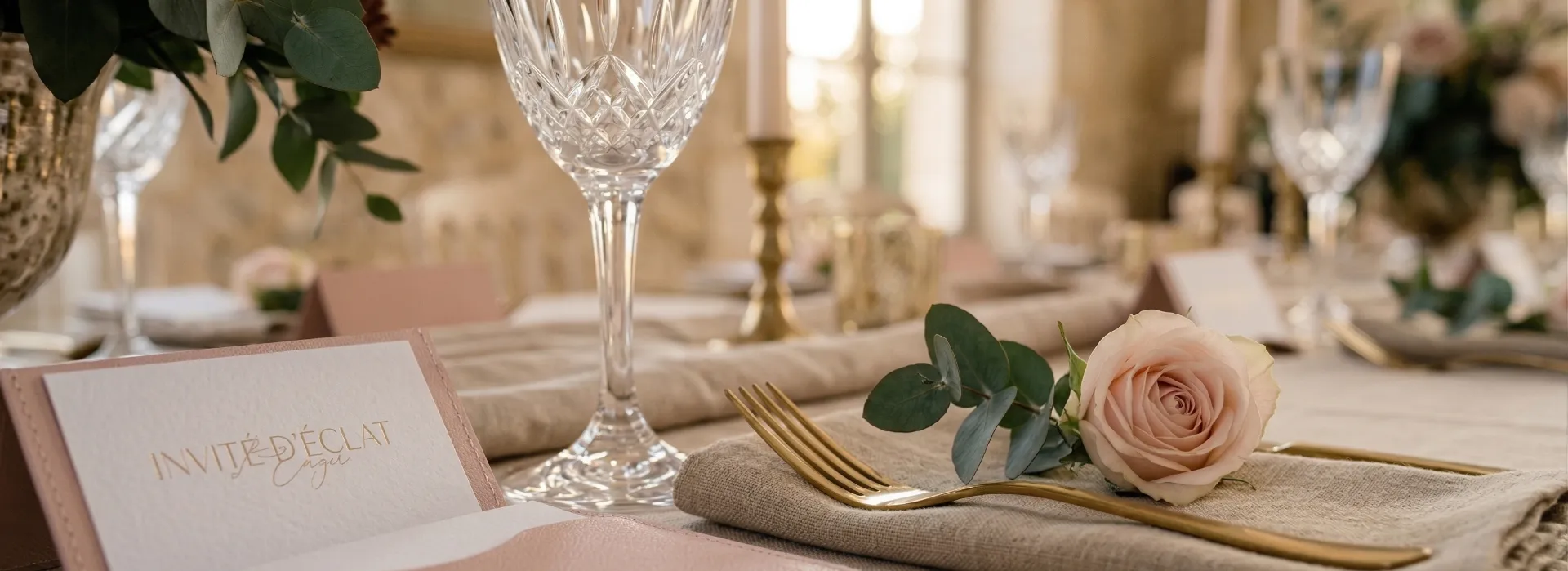 Table de mariage dressée avec cristal et nappes en lin
