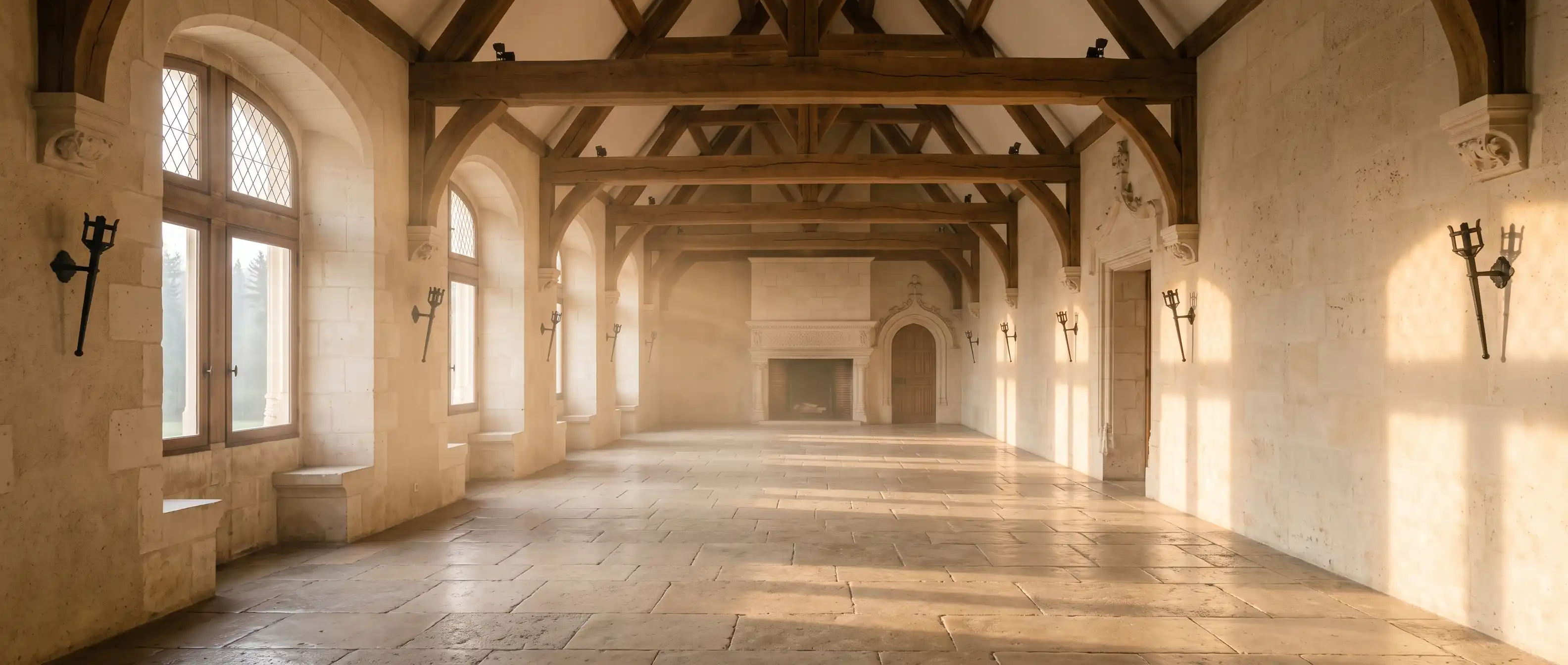 Salle de réception dressée et vide au petit matin, lumière dorée traversant les fenêtres