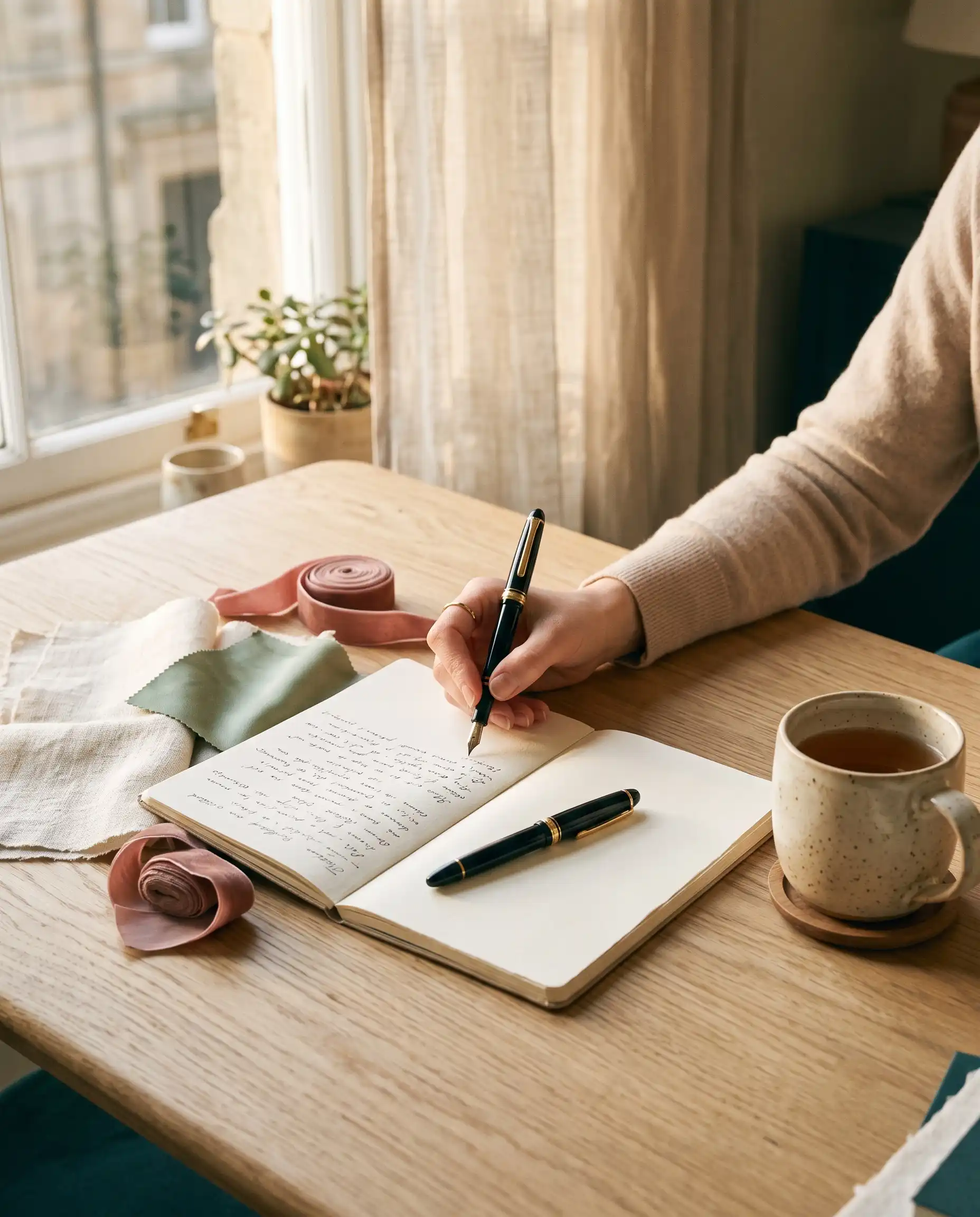 Carnet de notes, stylo plume et échantillons de tissus sur la table de travail de Mélanie