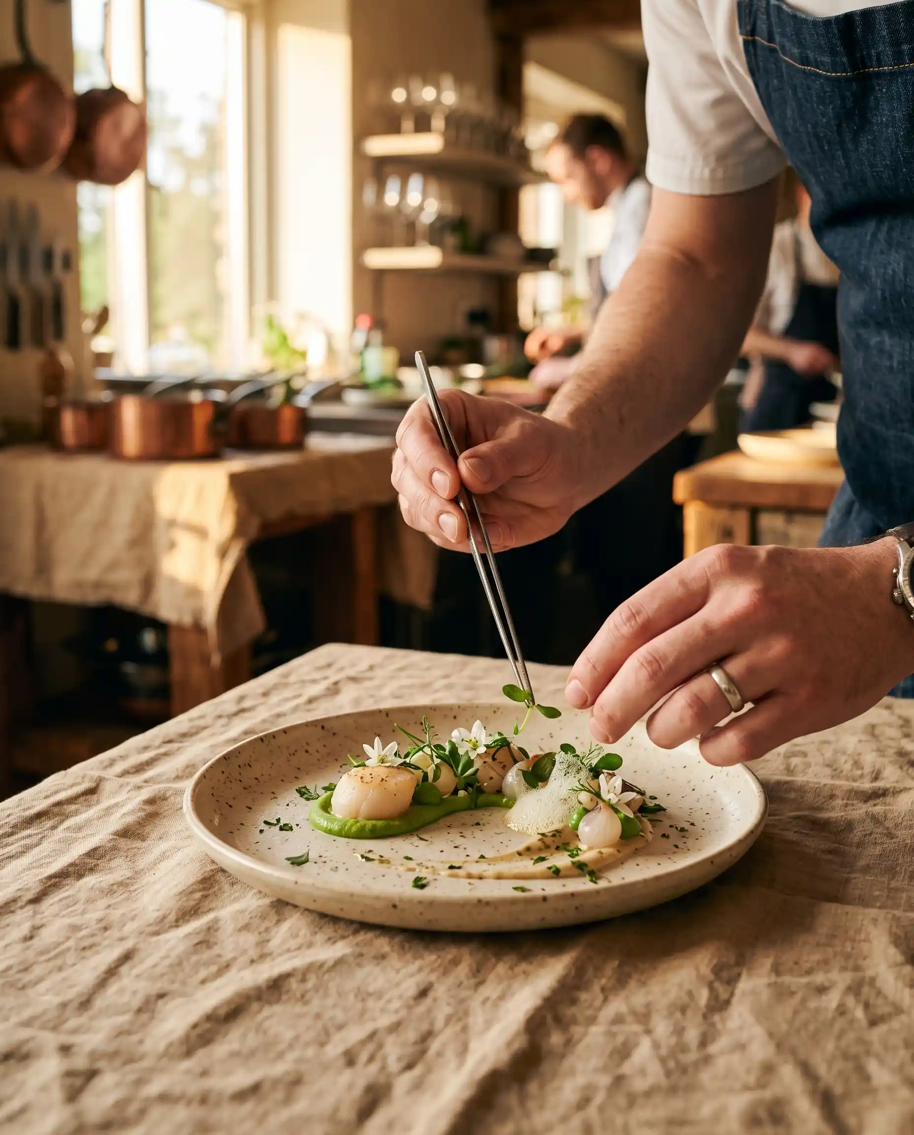 Mains de traiteur dressant une assiette gastronomique avec précision