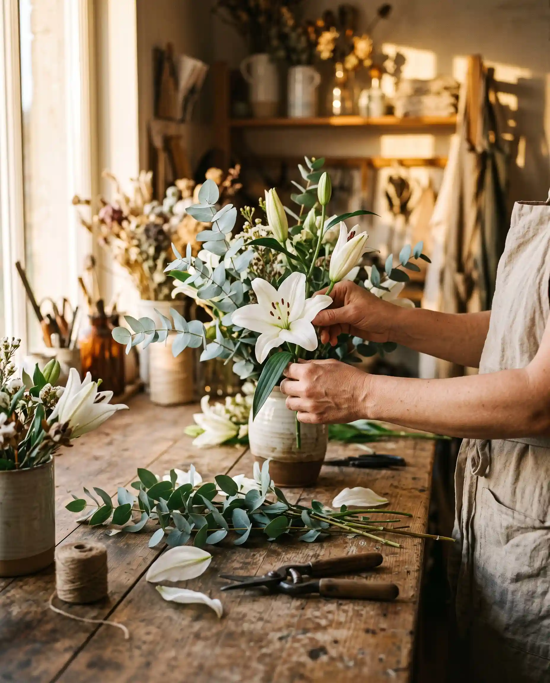 Mains d'artisan fleuriste composant un arrangement dans un atelier baigné de lumière dorée
