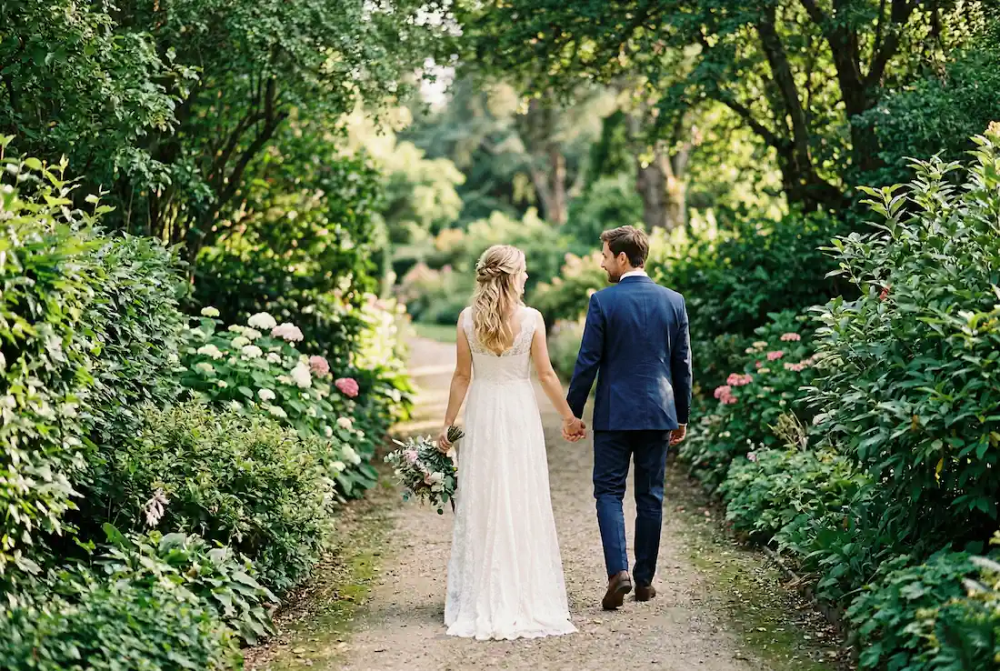 Couple de mariés dans un jardin — organisation de mariage sur mesure